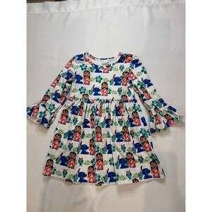 Disney Lilo & Stitch Dress Kids Small White Multi Excellent Bell Sleeve Tropical
